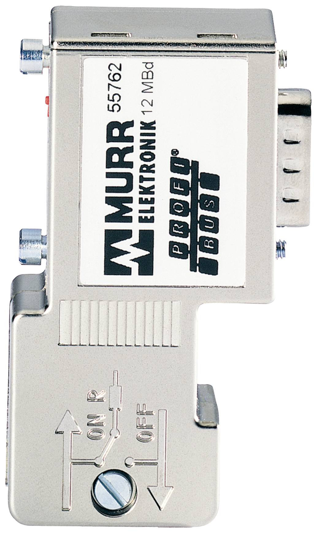 Adaptateur de Murr Elektronik portant l'inscription 'PROFIBUS'. Boîtier argenté avec interrupteur marche/arrêt, probablement destiné à des applications industrielles.