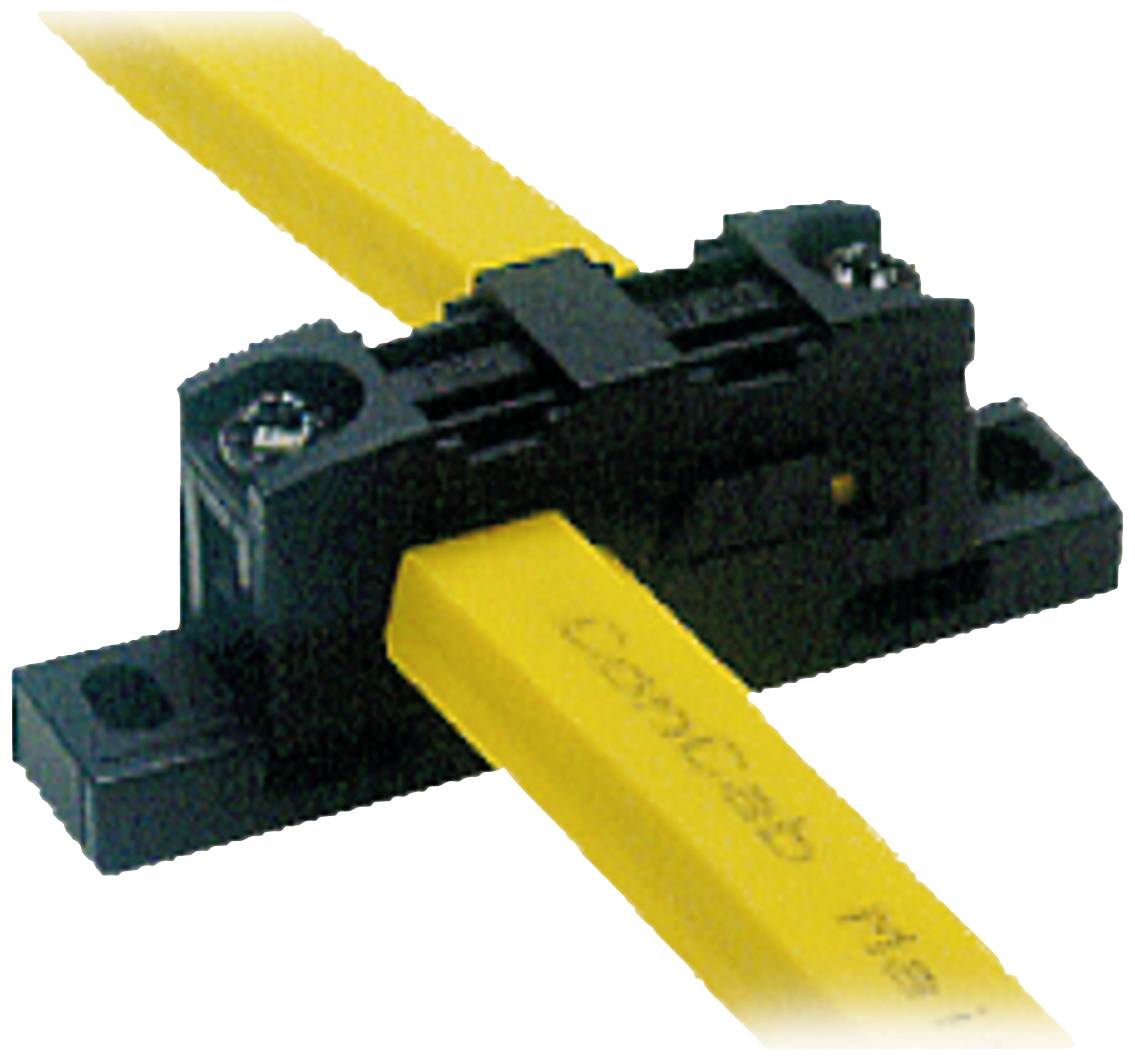 Câble jaune dans un support de câble noir, fixé avec deux vis. Utilisé pour guider et maintenir les câbles en toute sécurité.