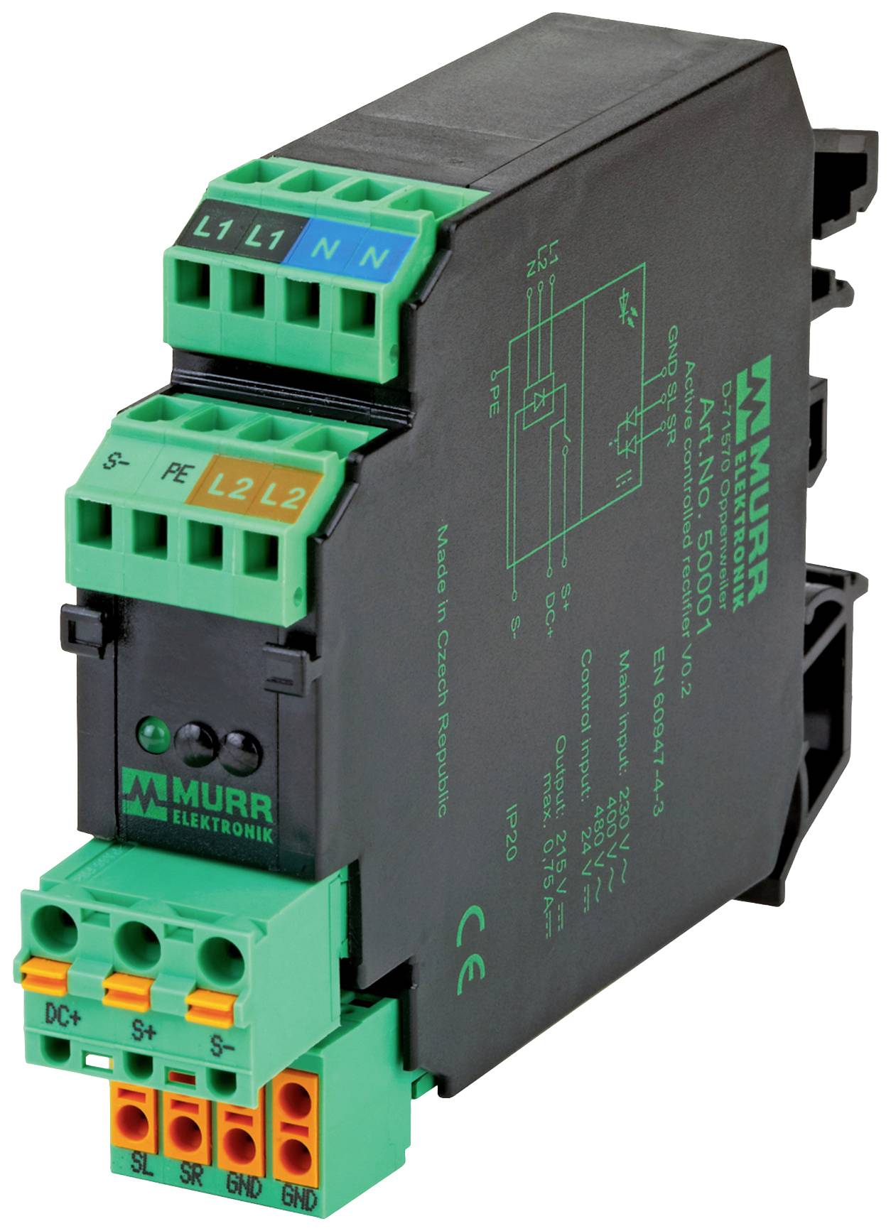 'Contrôleur d'automatisation compact de Murrelektronik avec des connexions vertes et oranges, adapté aux applications industrielles.'