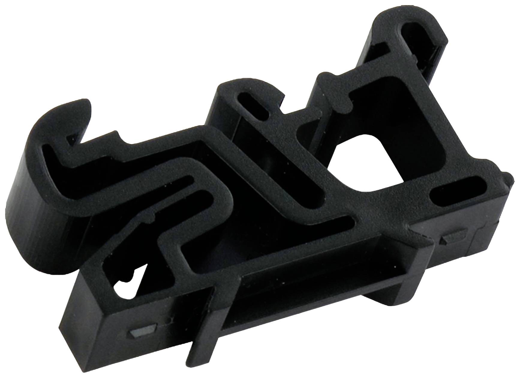 Pièce technique en plastique noir avec crochets et ouvertures, probablement un élément de support ou de connexion dans un contexte technique.