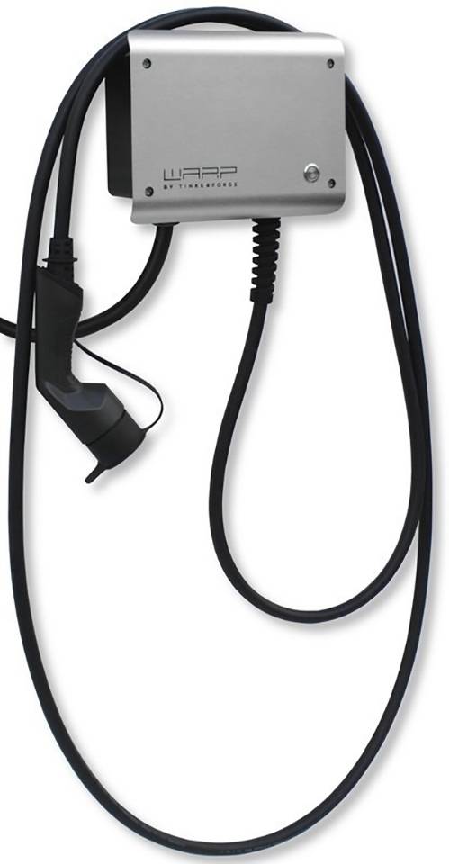 Borne de recharge pour véhicules électriques, boîtier argenté avec câble de charge, montée verticalement sur un mur.