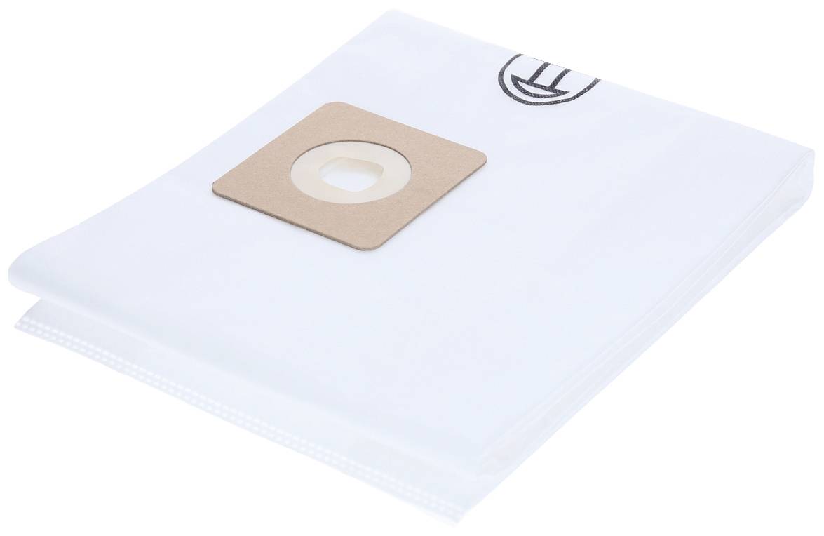 Sac d'aspirateur en tissu blanc avec raccord carré en carton au centre.