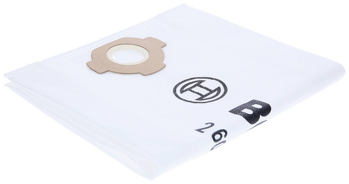 Sac d'aspirateur en tissu avec support rond sur un fond clair. Adapté aux aspirateurs Bosch, numéro de modèle visible.