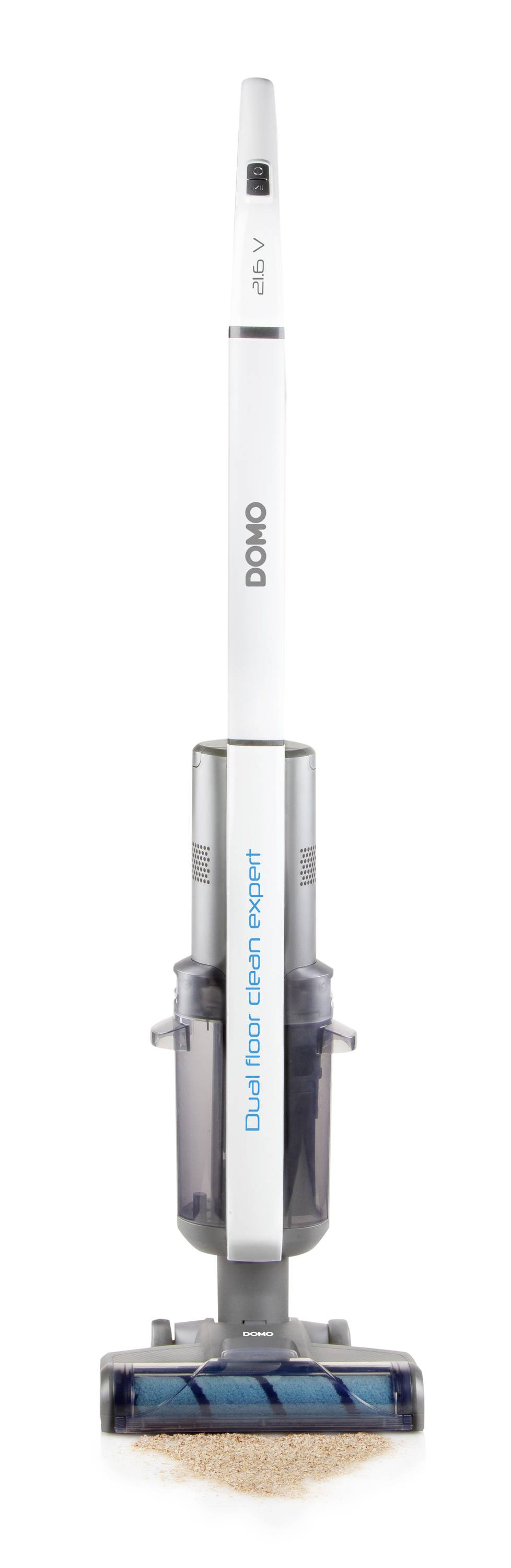Un aspirateur sans fil blanc avec des accents gris est debout verticalement. L'inscription 'Domo Dual Motor Stofzuiger' est visible.