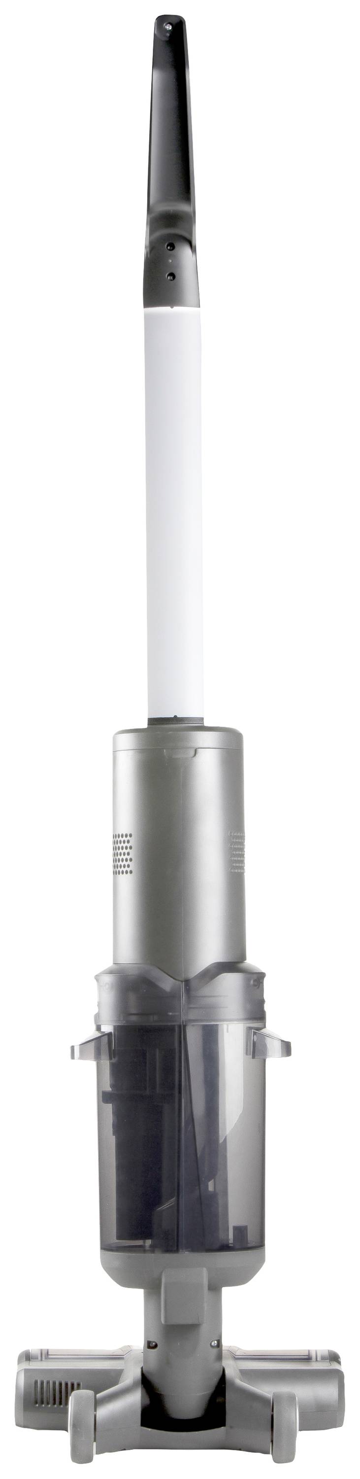 Un aspirateur sans fil argenté avec une longue poignée et un réservoir à poussière transparent est debout sur un fond blanc.