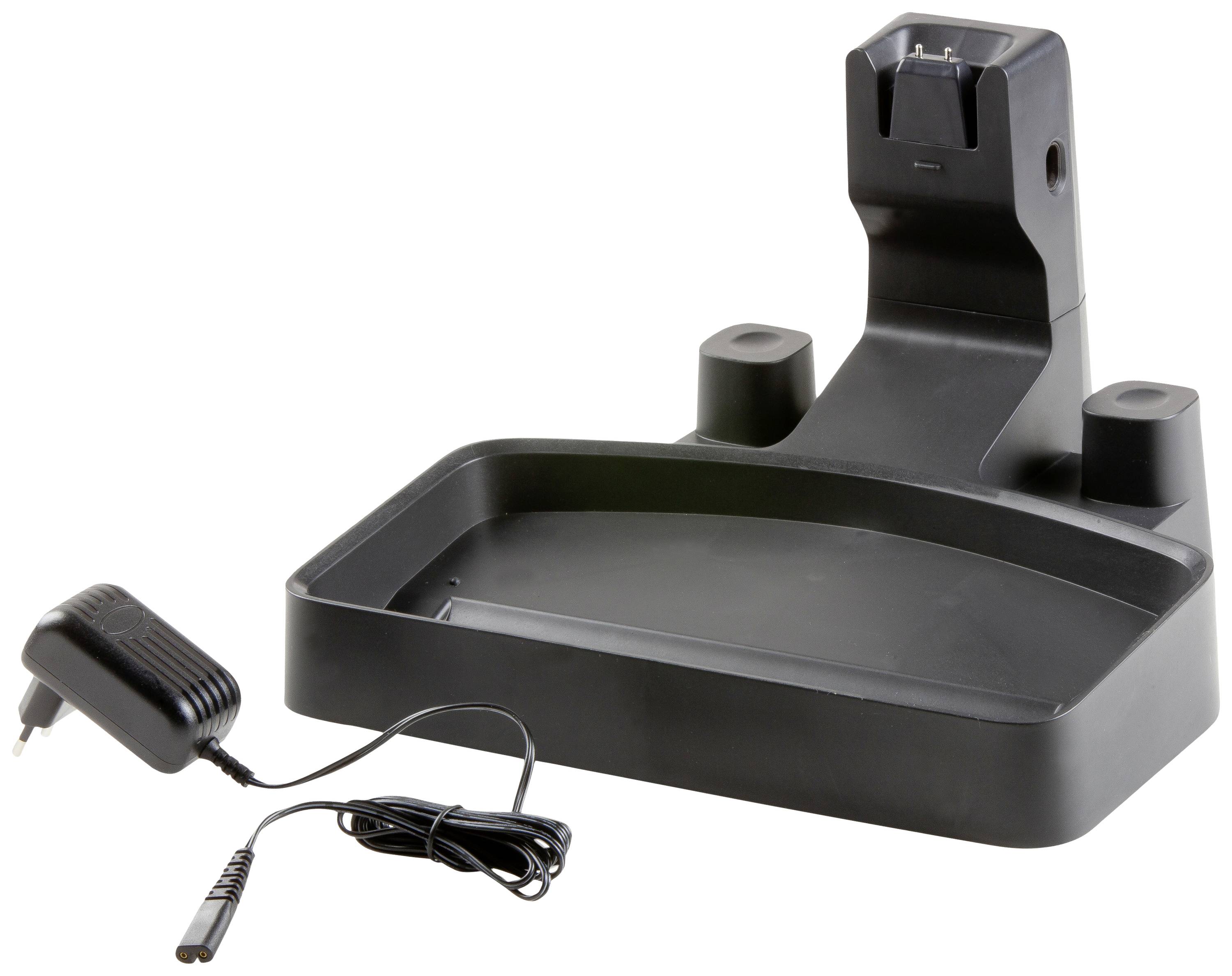 Base de chargement noir avec câble de connexion pour appareils électriques, de forme rectangulaire avec un emplacement vertical pour charger un appareil.