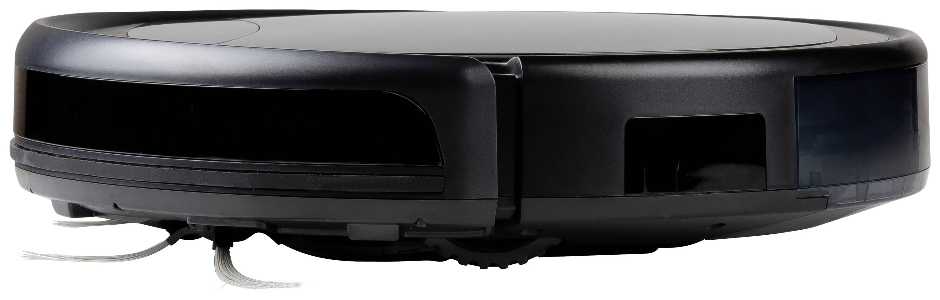 Un robot aspirateur noir au design plat et équipé de brosses latérales, idéal pour le nettoyage sous les meubles.