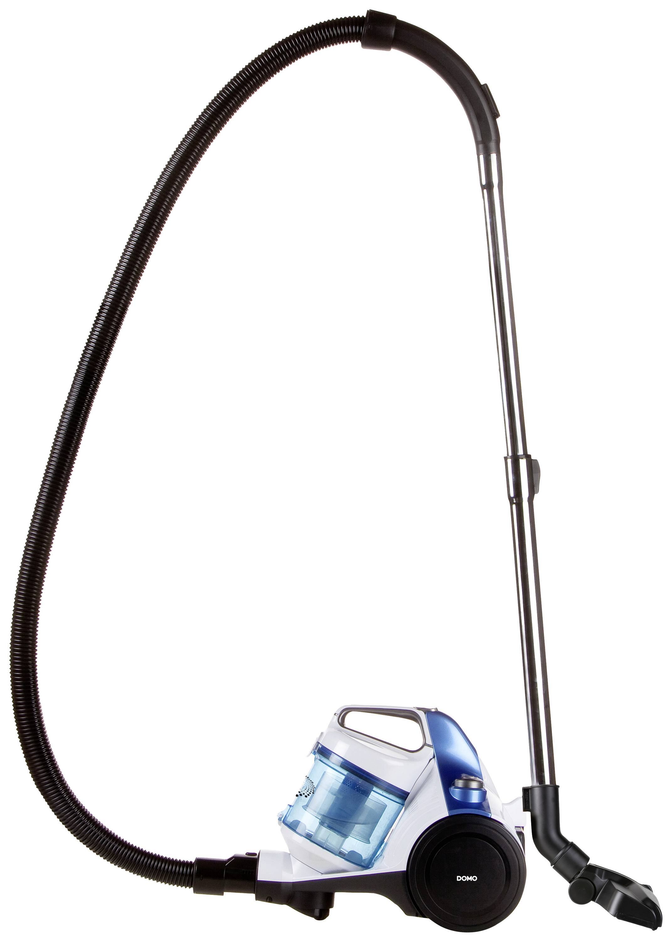 Un aspirateur bleu avec un réservoir transparent et un long tuyau noir. L'aspirateur est debout.