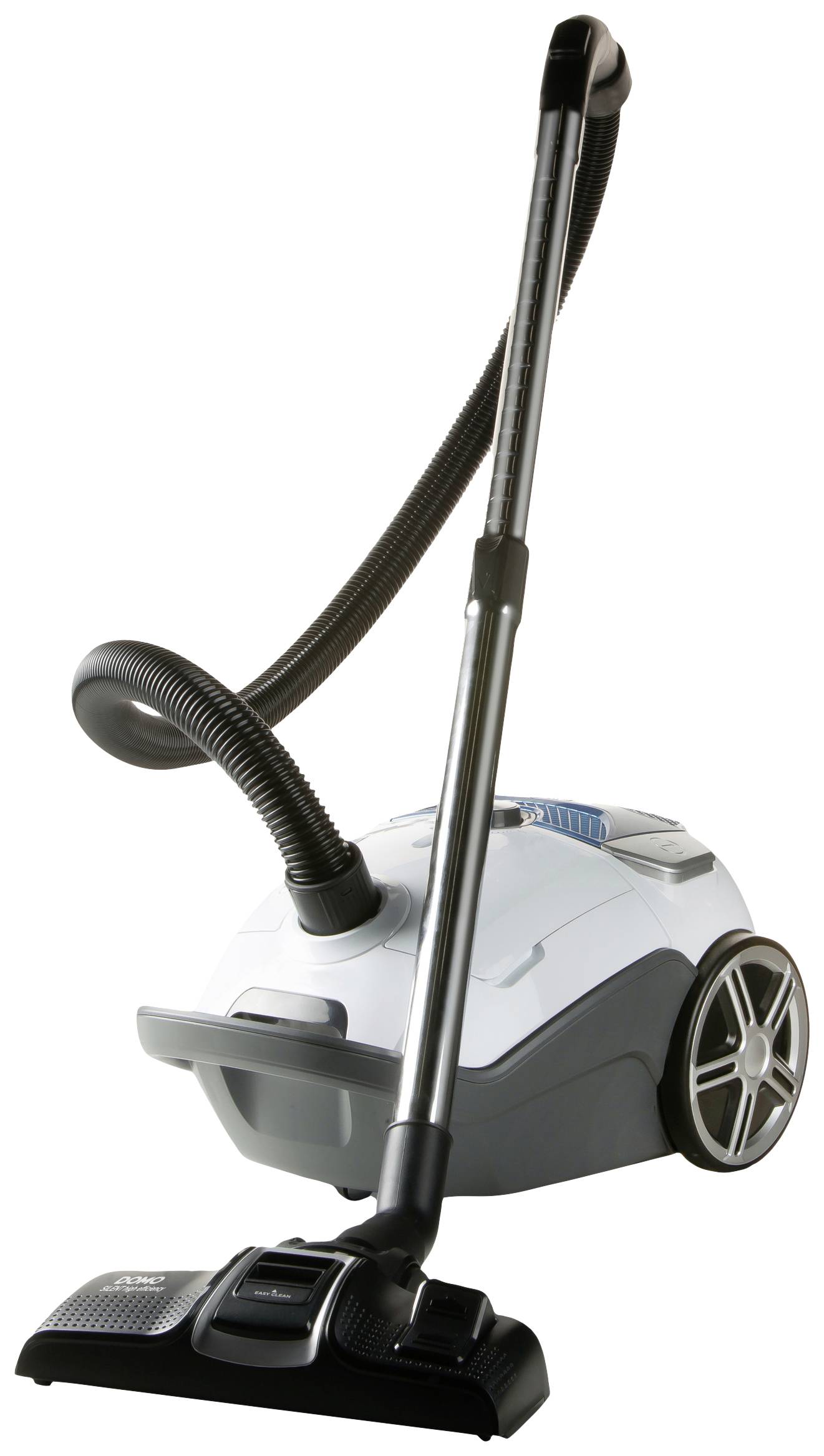 Un aspirateur blanc et gris avec un long tuyau d'aspiration est debout. Convient pour le nettoyage des tapis et des sols durs.