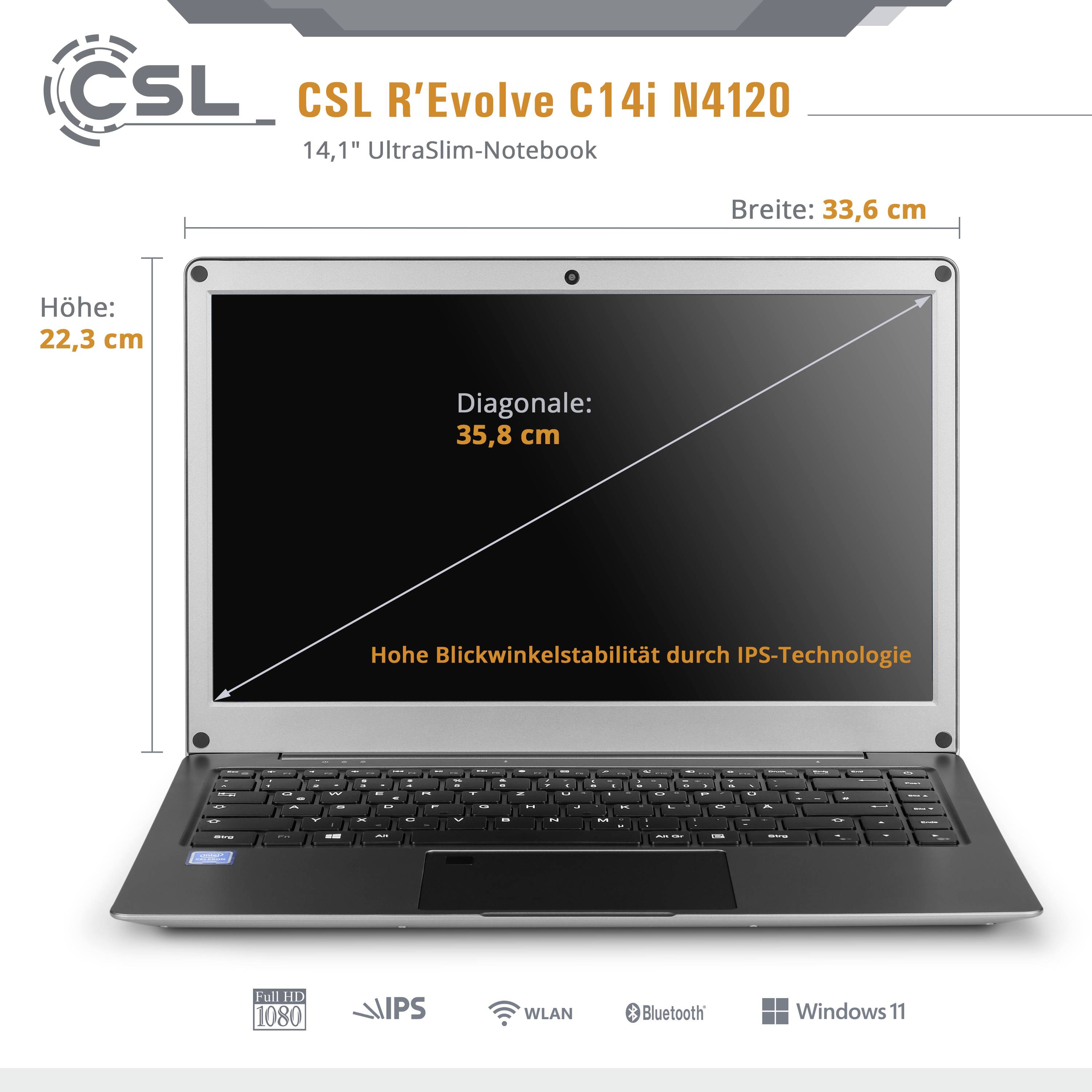 CSL Computer Notebook R' Evolve C14i V2 35.8 cm14.1 pouces() Full HDIntel® Celeron®;N41204 GB RAM64 GB eMMC240 GB SSD;Intel UHD