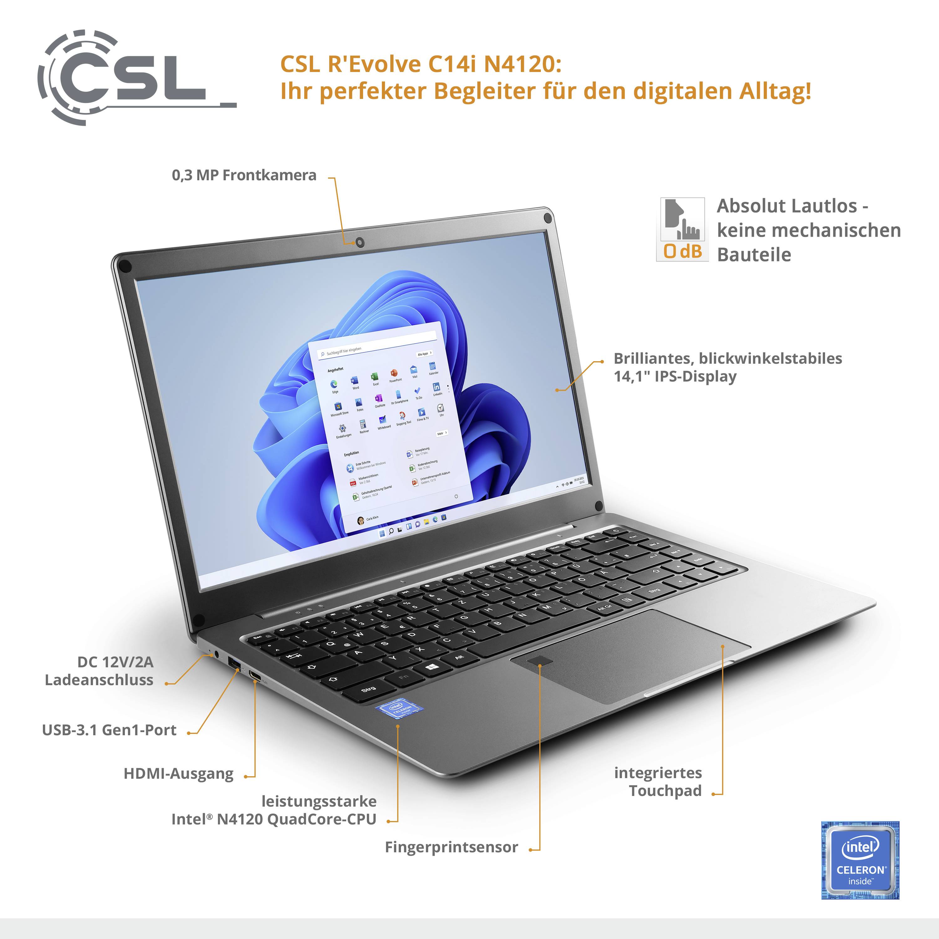 CSL Computer Notebook R' Evolve C14i V2 35.8 cm (14.1 pouces) Full HDIntel® Celeron®N41204 GB RAM64 GB eMMC500 GB SSD;Intel UHD