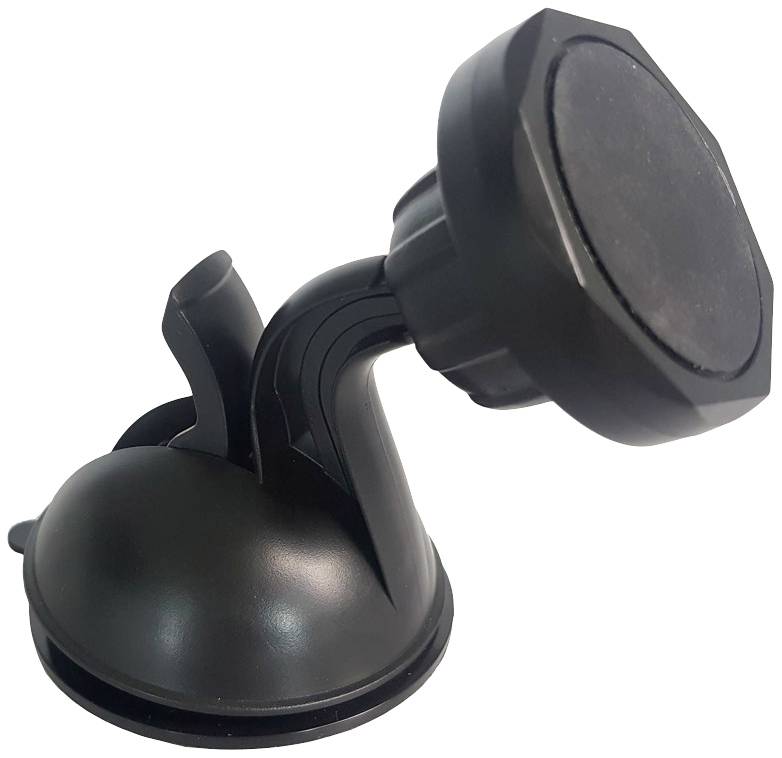 Support magnétique noir à ventouse, adapté pour fixer des appareils sur des surfaces lisses. Idéal pour une utilisation dans la voiture.