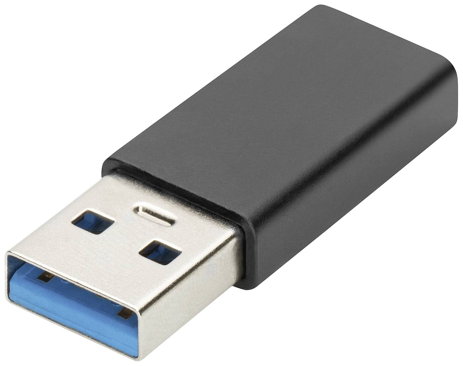 Clé USB avec boîtier noir et intérieur bleu, représentée sur un fond blanc.