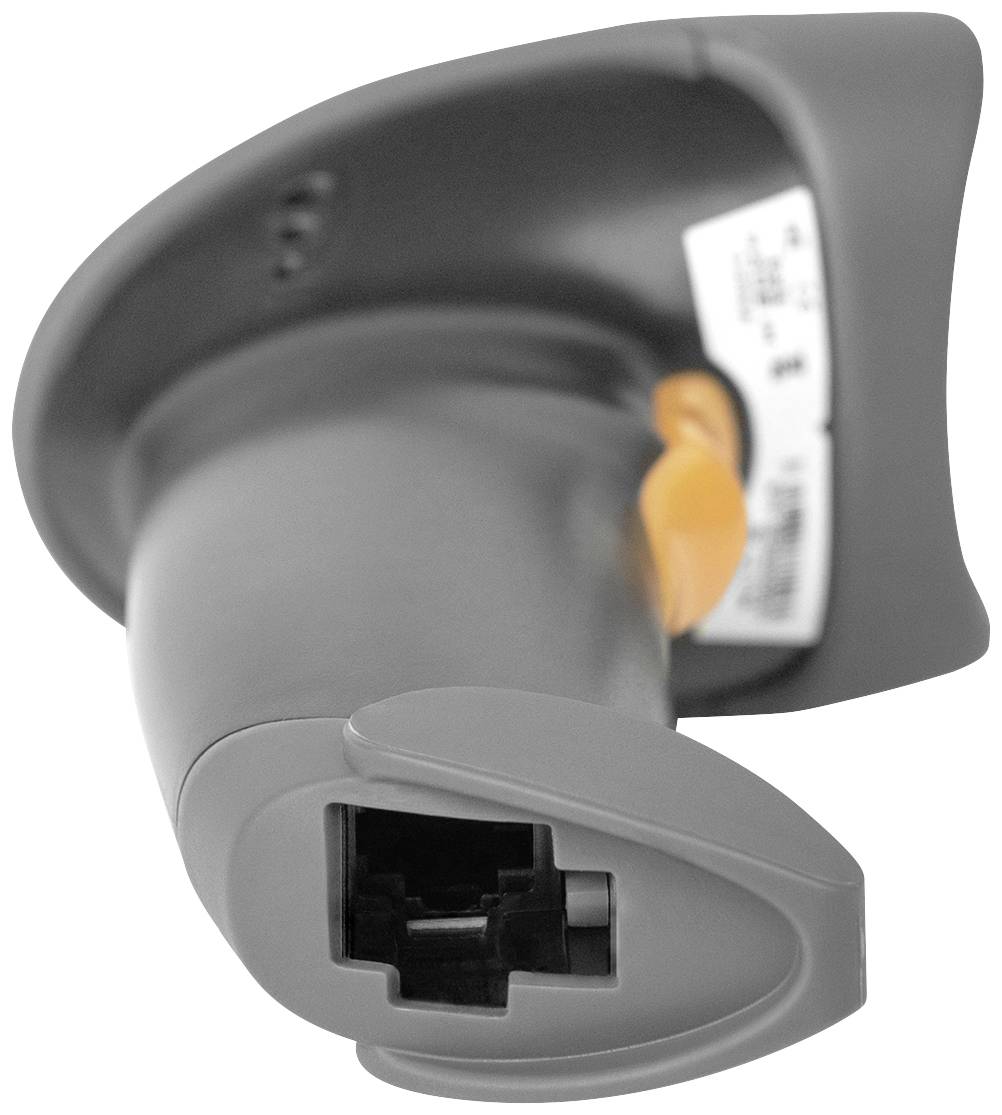 Un scanner à main gris avec une touche jaune, vue de dos, connexion visible.