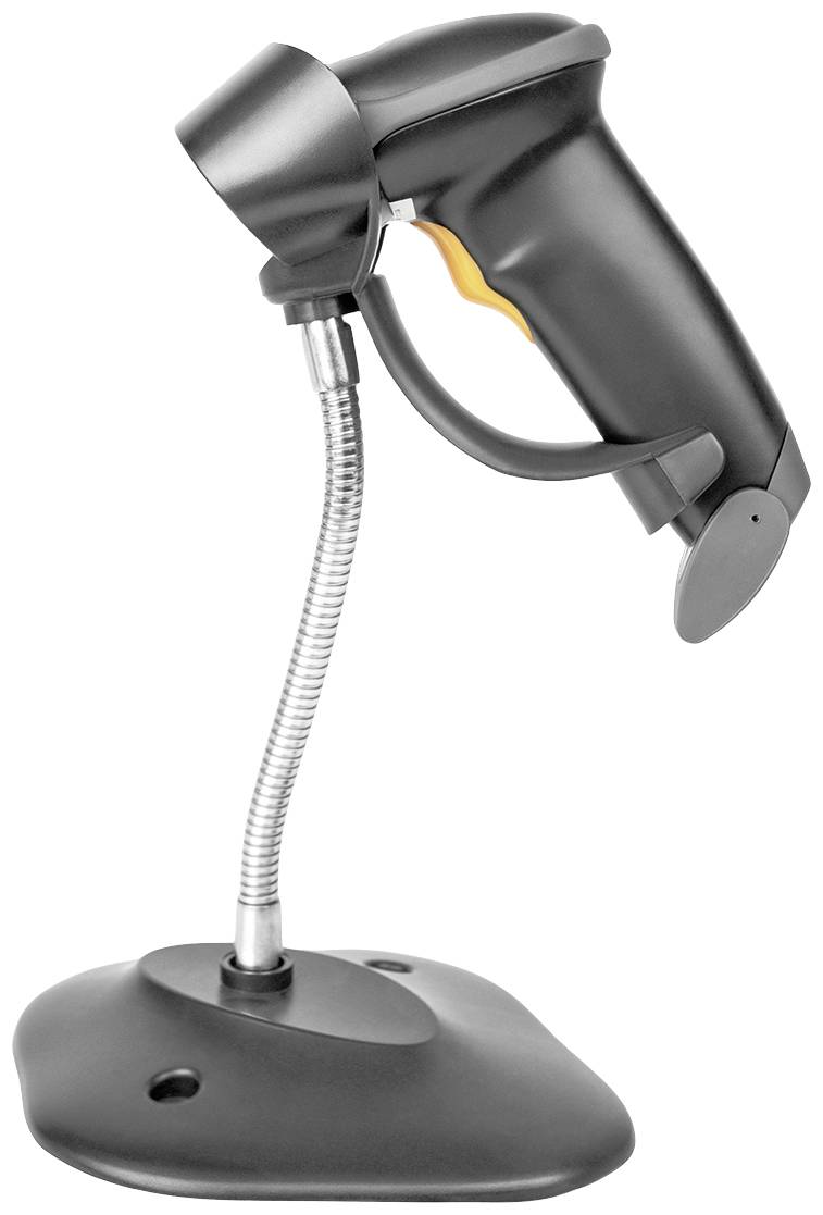 Un scanner portable noir avec un bouton jaune, fixé sur un support flexible.