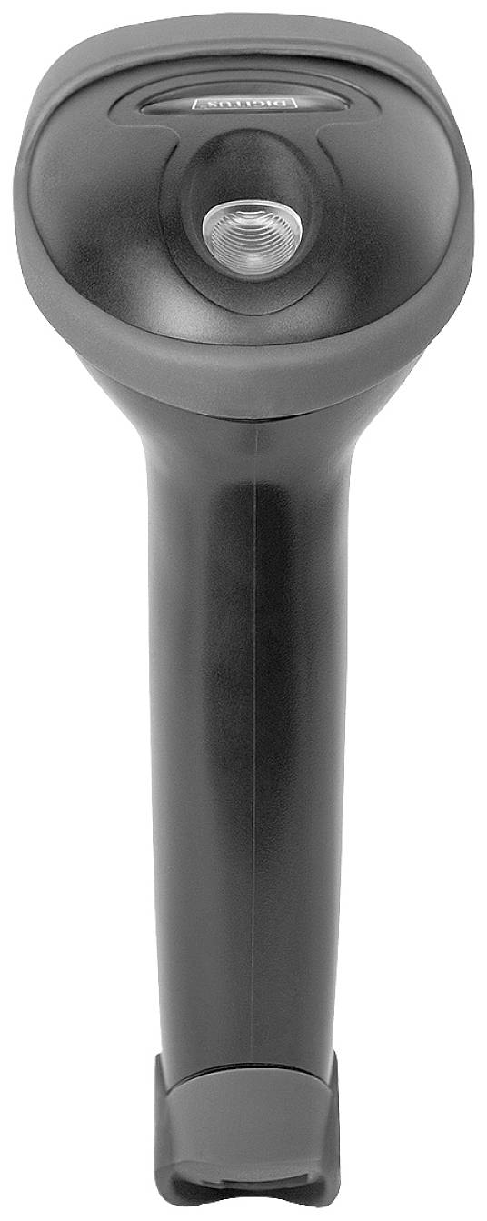 Scanner de code-barres en noir, photographié de face.