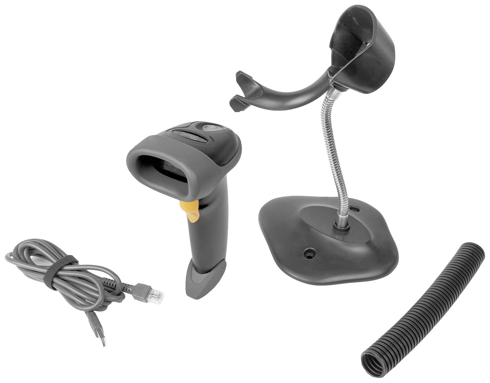 Un lecteur de codes-barres avec support et câble, prêt à être installé. Le scanner est sans fil, noir et jaune, avec son support assorti.