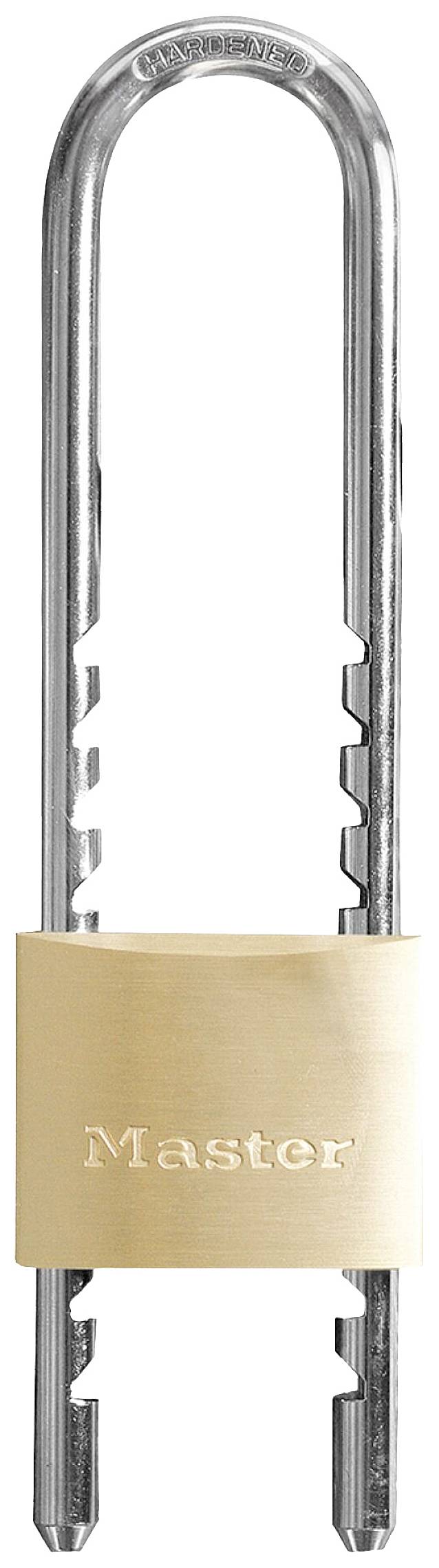 Un cadenas en argent avec un arceau en métal et un boîtier doré sur lequel est gravé le mot 'Master'.