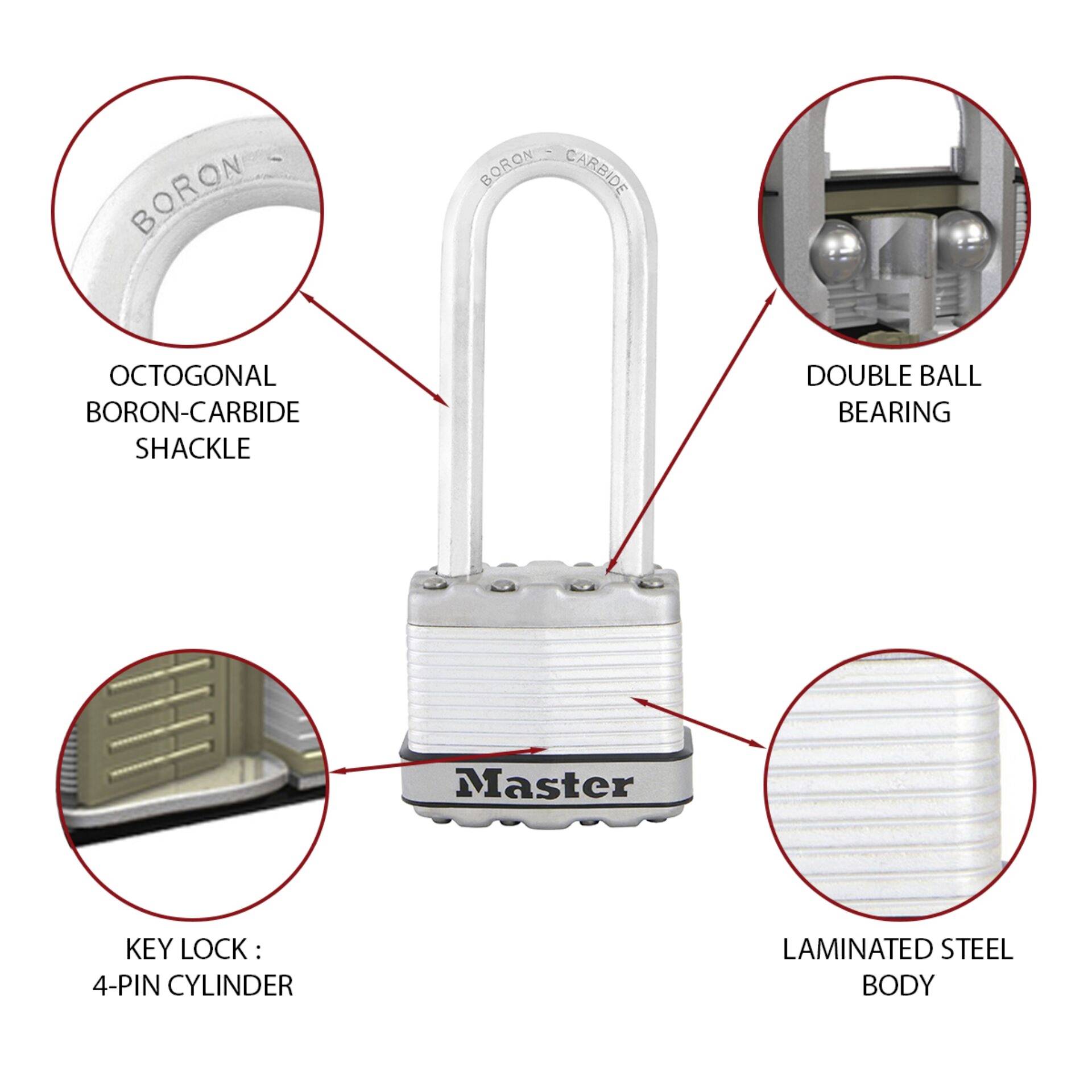 Un cadenas à arceau en carbure de bore octogonal, avec double verrouillage à billes, cylindre à 4 goupilles et corps en acier laminé.