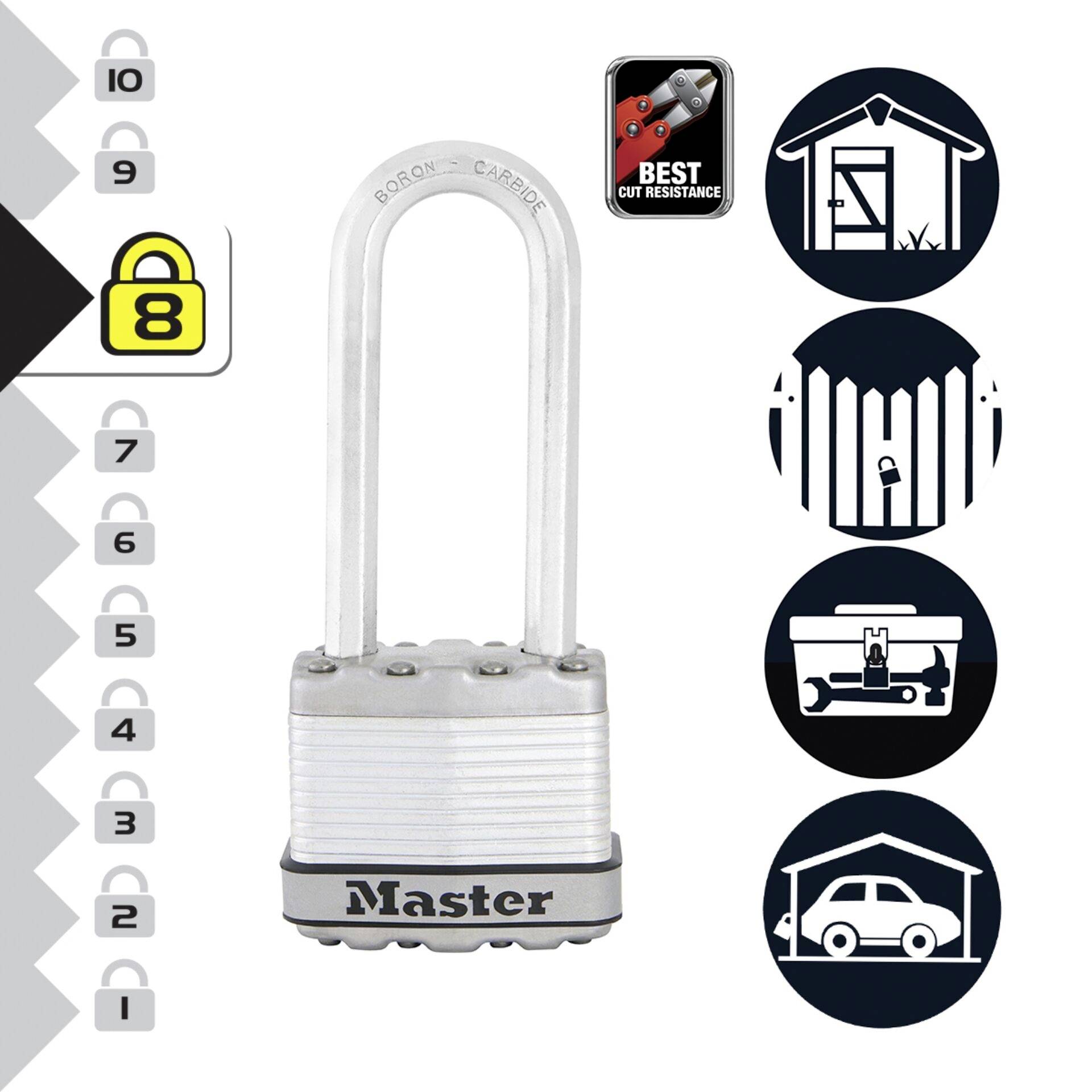 Cadenas avec le chiffre '8' dans l'évaluation de sécurité. Adapté pour les abris, les clôtures, les remorques, les voitures. Excellente résistance à la coupure.
