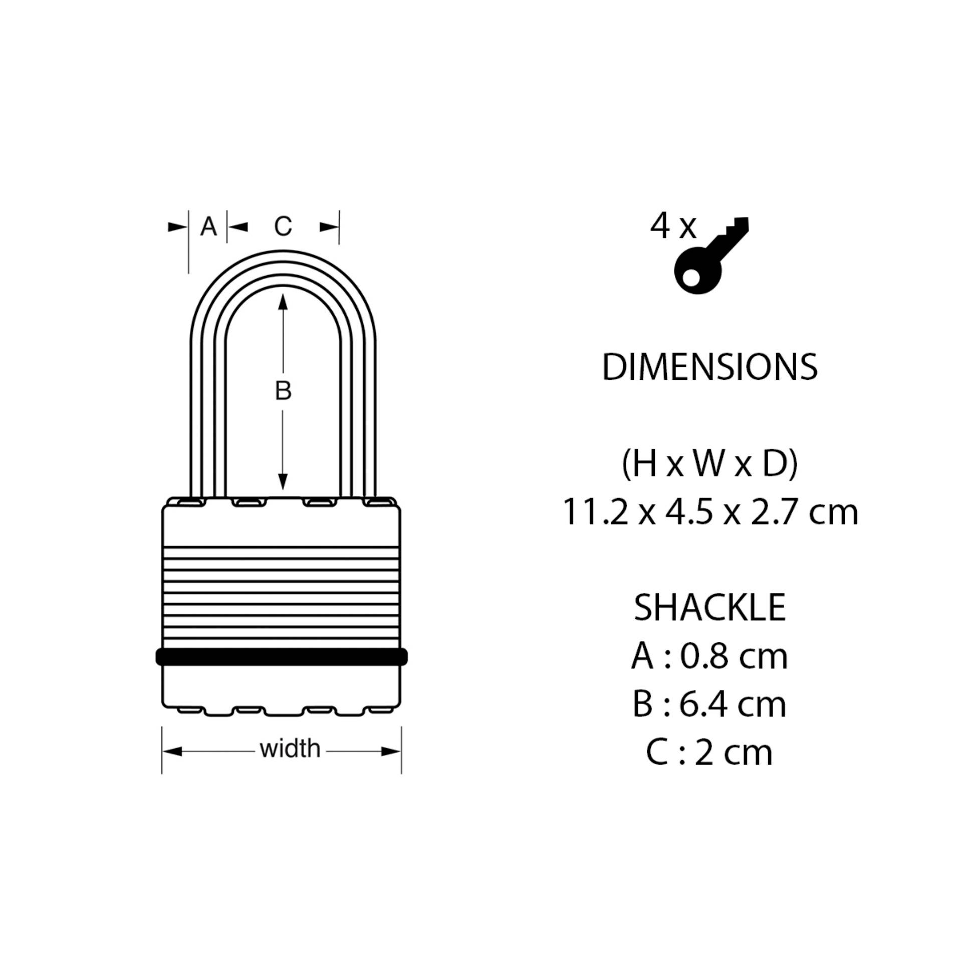 'Illustration d'un cadenas avec dimensions. Hauteur 11,2 cm, largeur 4,5 cm, profondeur 2,7 cm. Dimensions de l'étrier : A 0,8 cm, B 6,4 cm, C 2 cm. Contient 4 clés.'