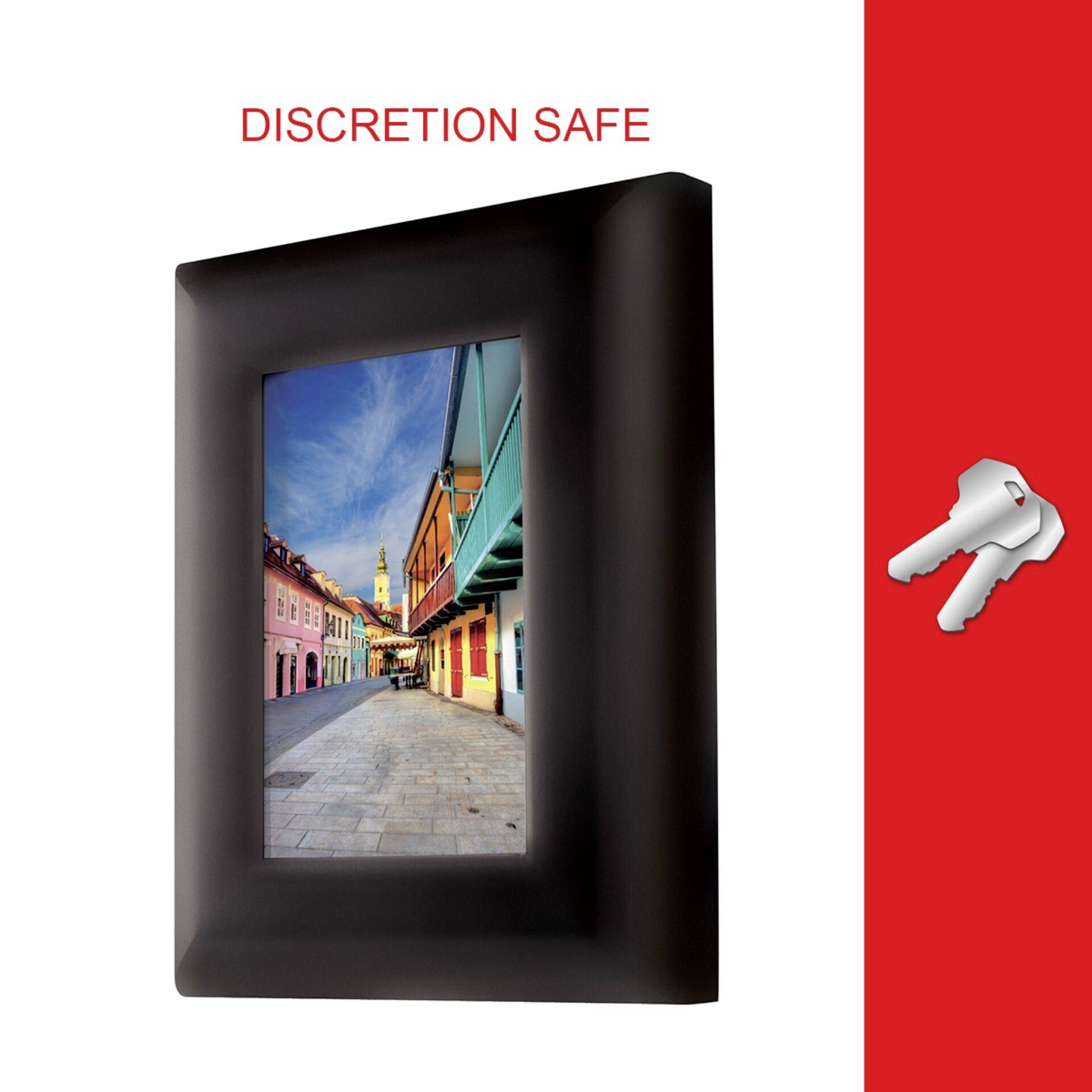 Coffre-fort mural encadré en noir, présentant l'apparence d'un cadre photo avec une image de bâtiments colorés. Un symbole de clé est situé à droite de l'image.
