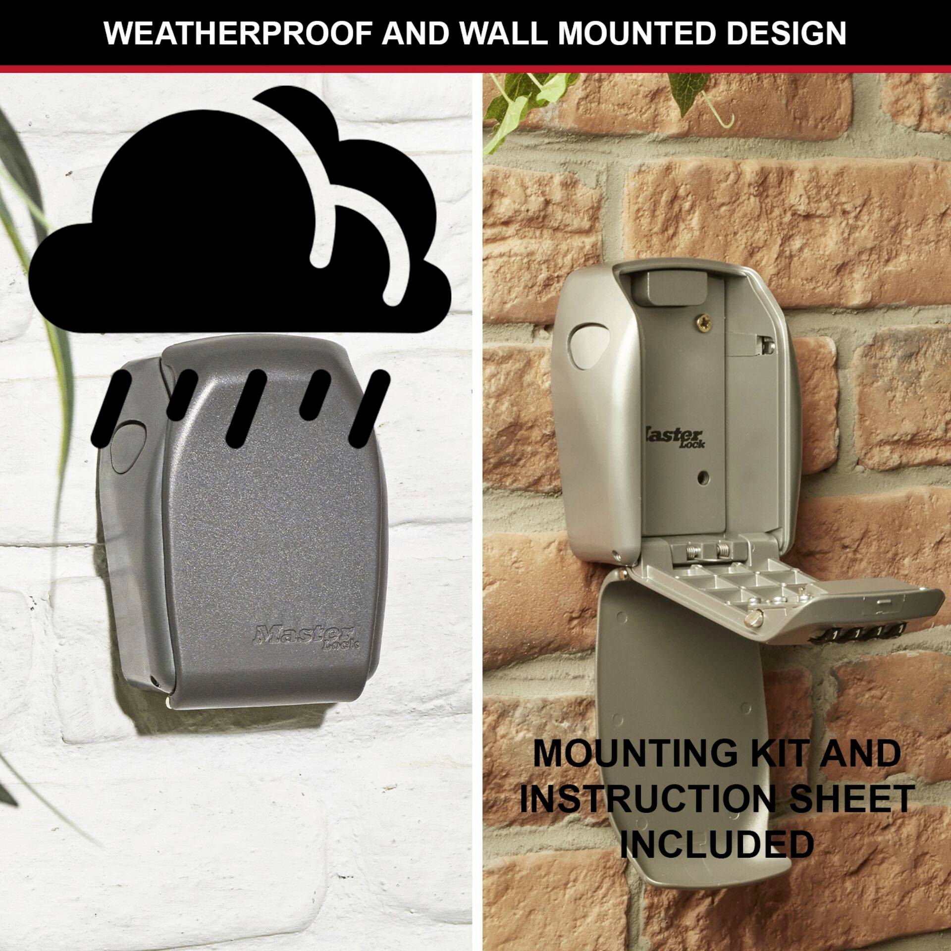 Design résistant aux intempéries et montage mural. Un coffre-fort à clés extérieur avec kit de montage et instructions inclus.