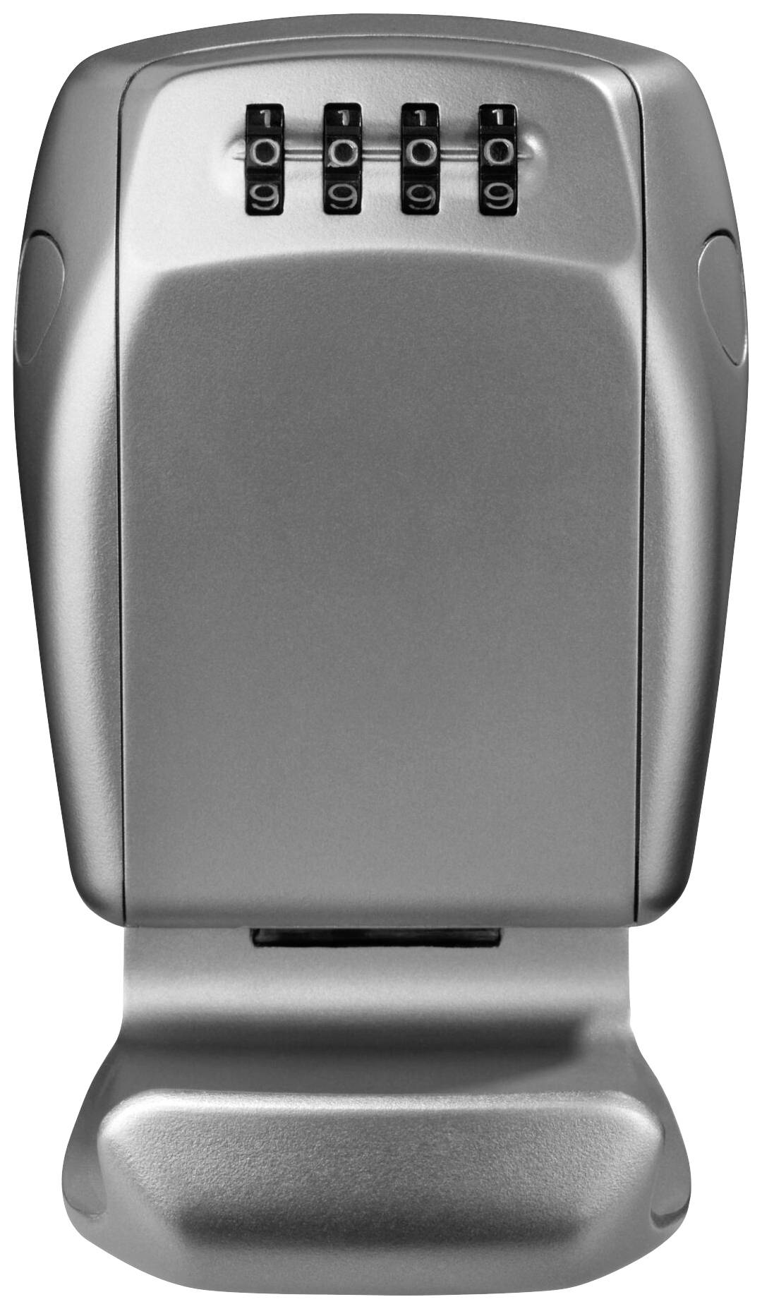 Un coffre-fort à clés en argent avec un cadenas numérique à quatre chiffres sur la face avant.