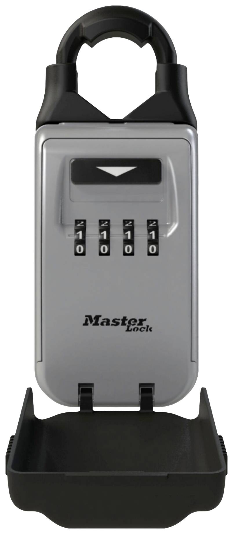 Cadenas à combinaison en argent avec poignée noire et code à quatre chiffres. Marque 'Master Lock'. Compartiment ouvert en bas.