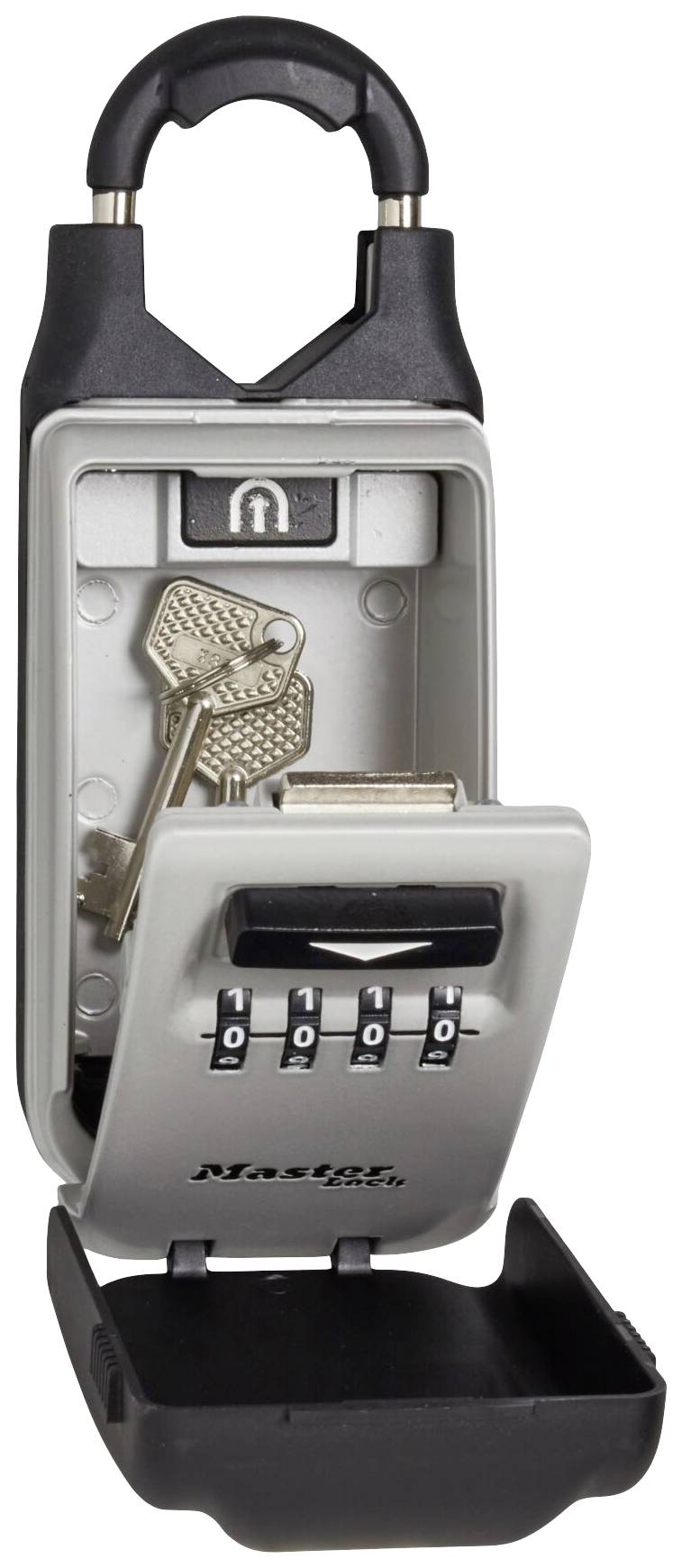 Un coffre-fort à combinaison ouvert montre deux clés argentées à l'intérieur. Le coffre-fort présente un design noir et gris.