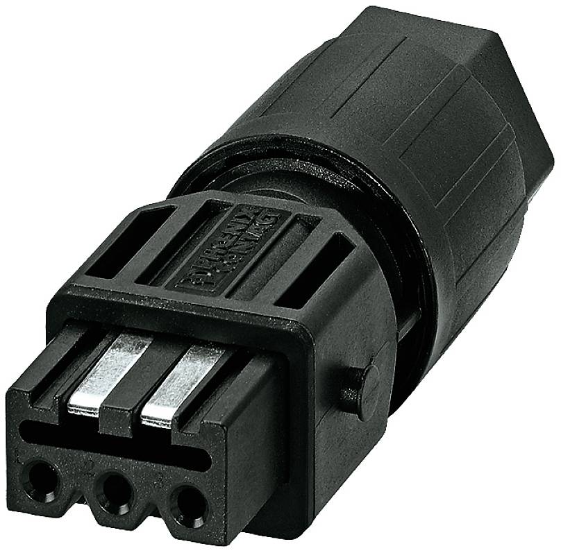 Connecteur électrique noir avec trois contacts métalliques et boîtier en plastique, adapté aux applications industrielles.