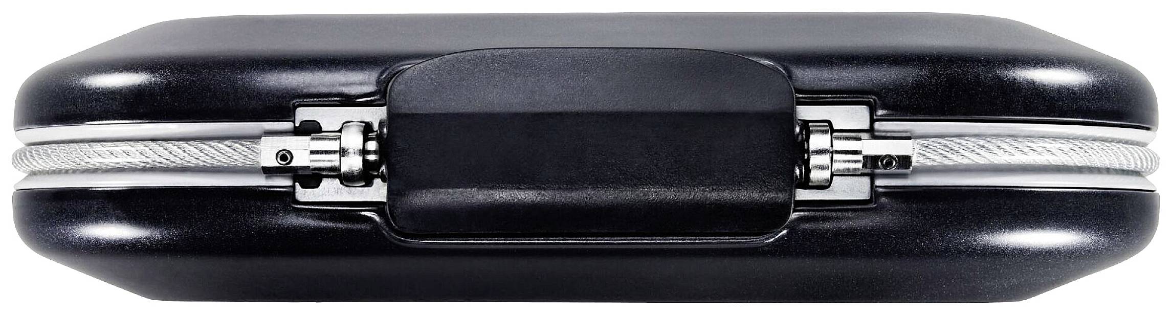 Valise noire avec fermeture robuste, vue de côté.