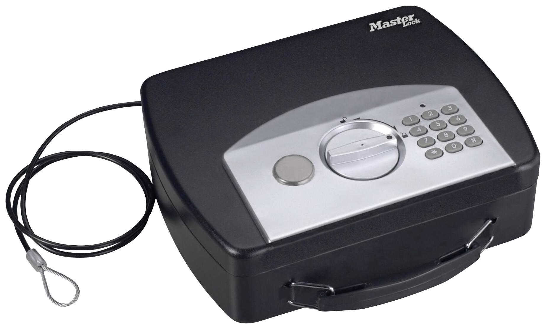 Coffre-fort compact, noir, équipé d'un clavier numérique digital et d'une serrure de sécurité. Un câble de sécurité est fixé sur le côté.