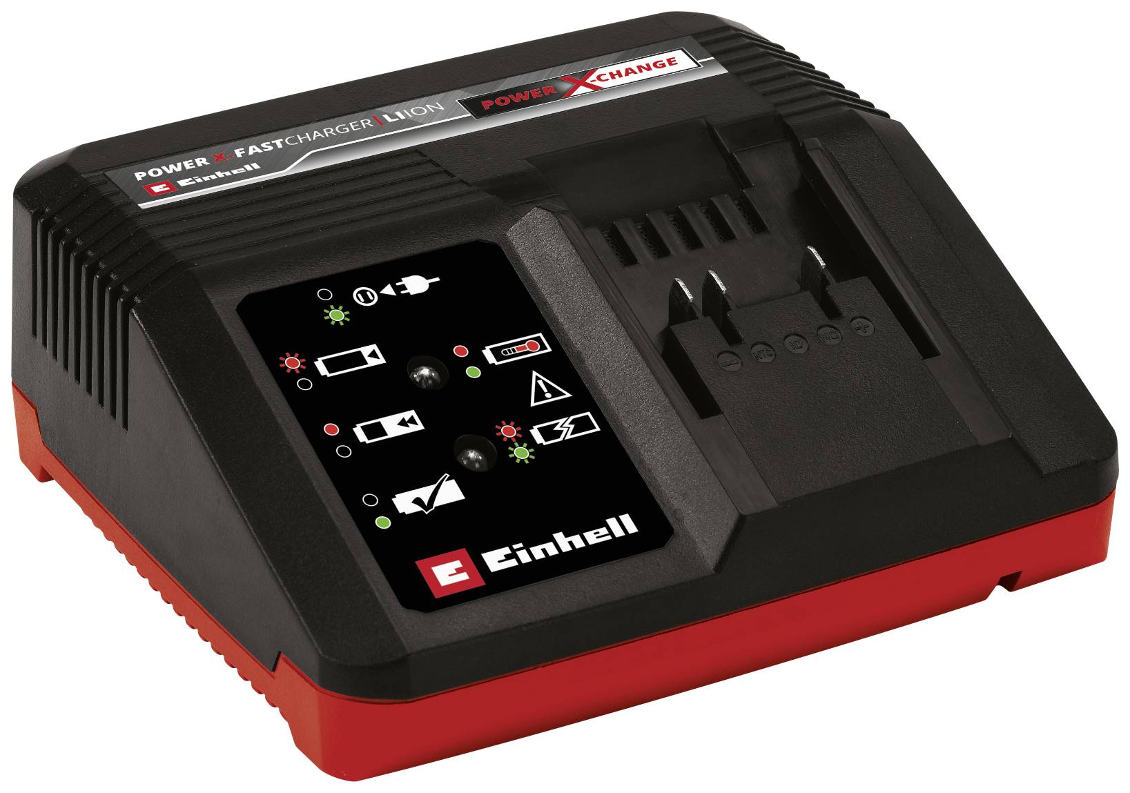 Un chargeur rapide avec différents voyants lumineux pour indiquer l'état de charge, conçu pour les batteries de la marque Einhell.