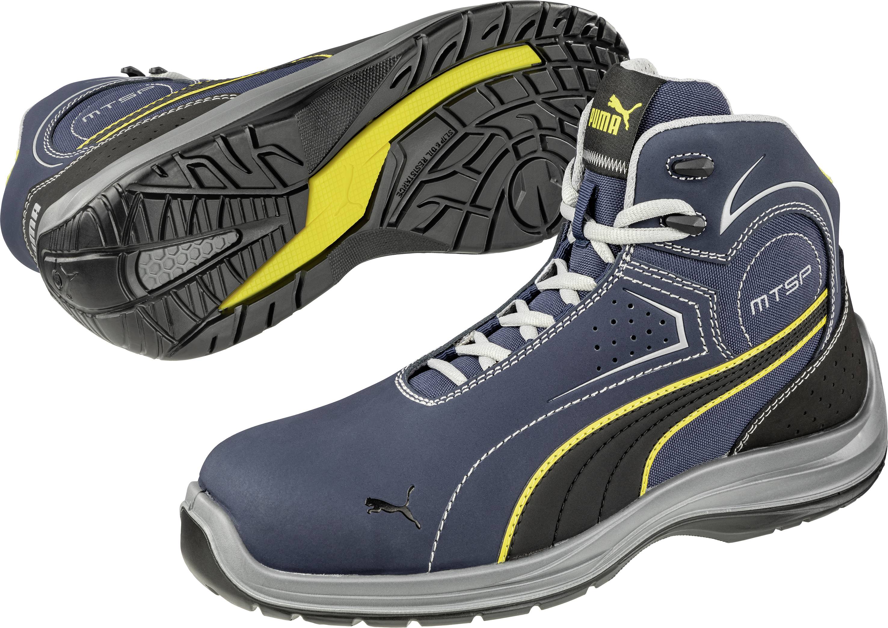 Une paire de chaussures de sécurité bleues avec des détails jaunes et noirs, un profil de semelle robuste et des lacets, montrant des vues latérale et inférieure.