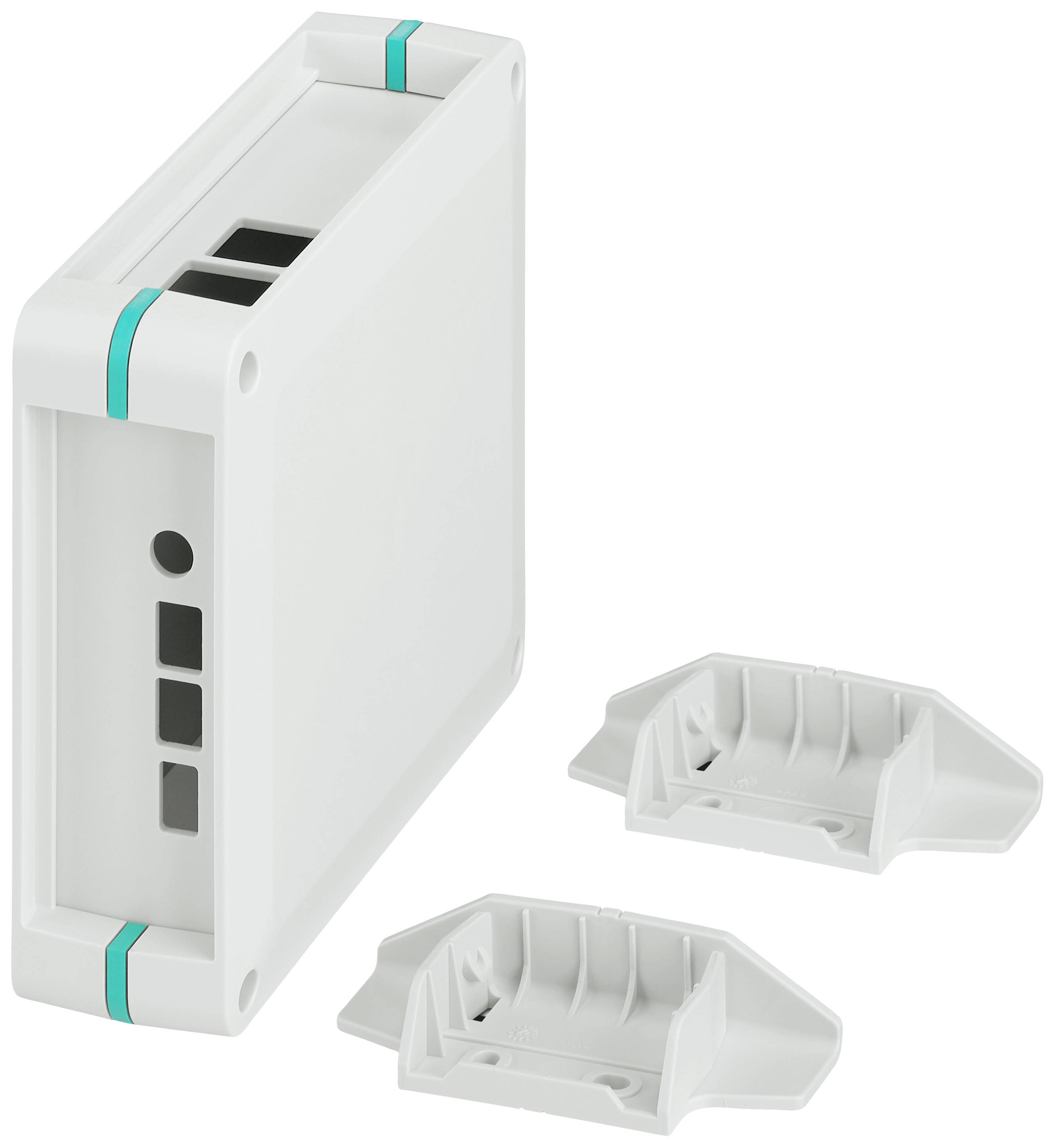 Un boîtier rectangulaire blanc avec des accents turquoise et deux supports de montage blancs à côté.