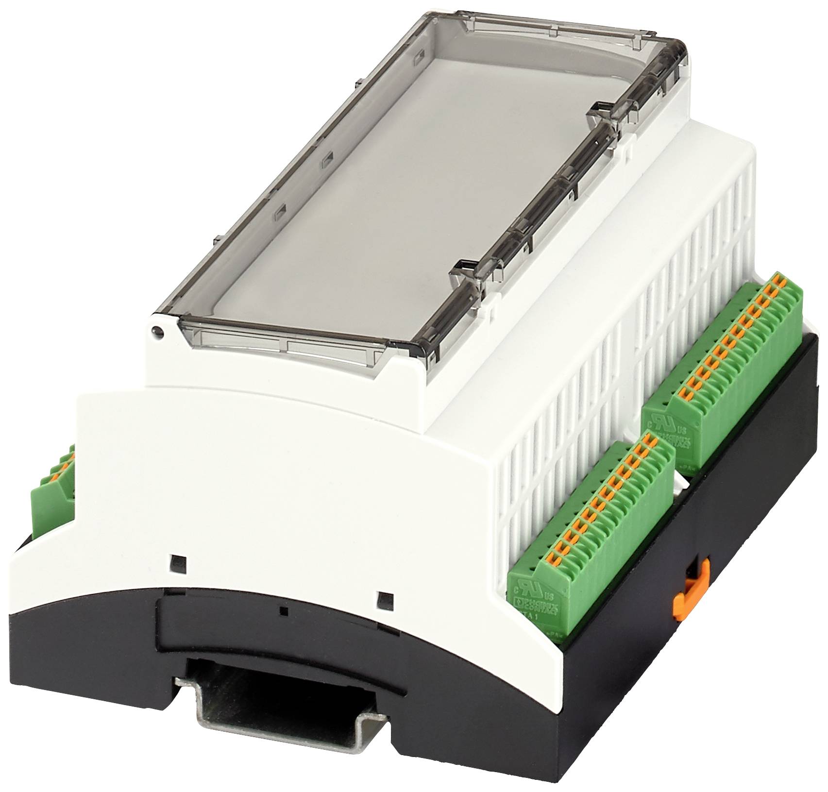 Un dispositif électronique blanc rectangulaire avec un couvercle gris, des connecteurs verts et une base noire. Conçu pour un montage sur rail DIN.