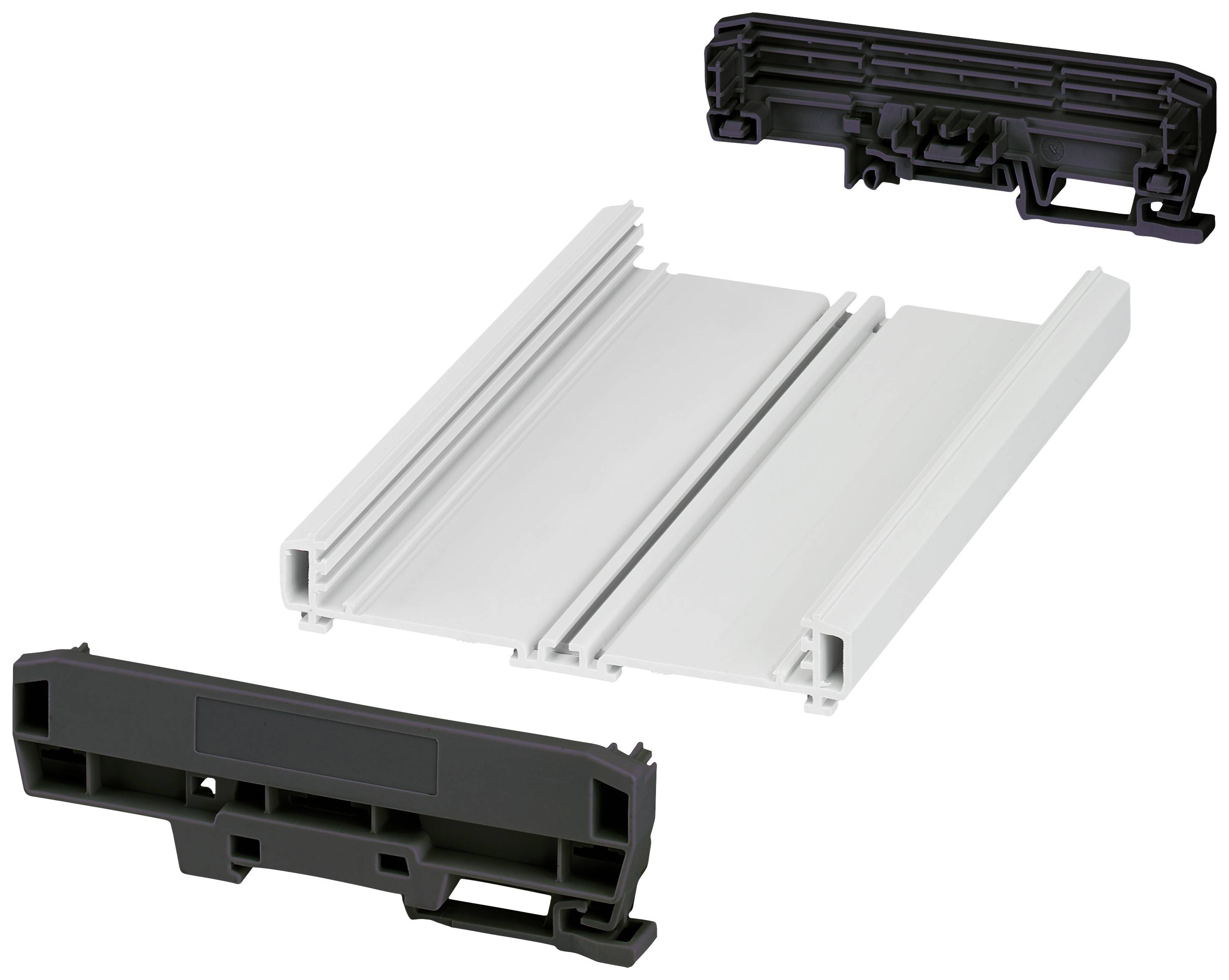 Un élément de boîtier blanc avec deux embouts noirs disposés côte à côte. Ils semblent faire partie d'un produit technique.