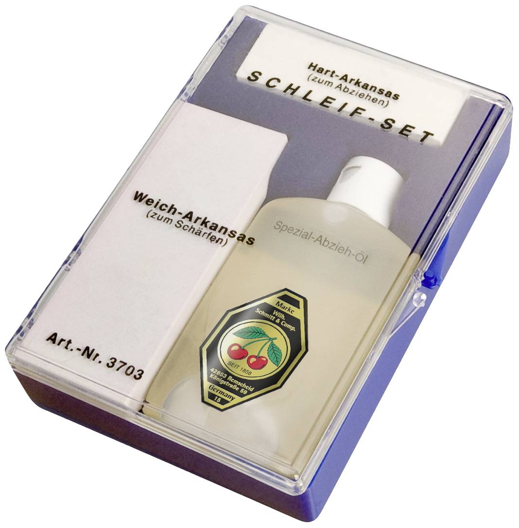 Kit de meulage dans un coffret, composé de pierres à aiguiser de l'Arkansas dures et tendres, ainsi que d'une huile spéciale pour l'affûtage et l'aiguisage.