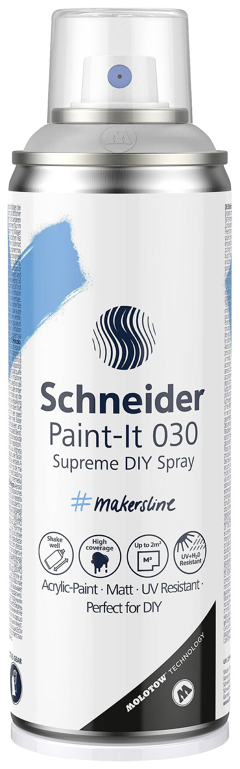 Une bombe aérosol portant l'inscription 'Schneider Paint-It 030 Supreme DIY Spray'. Mat, résistant aux UV, idéal pour le bricolage. Teinte : Bleu.