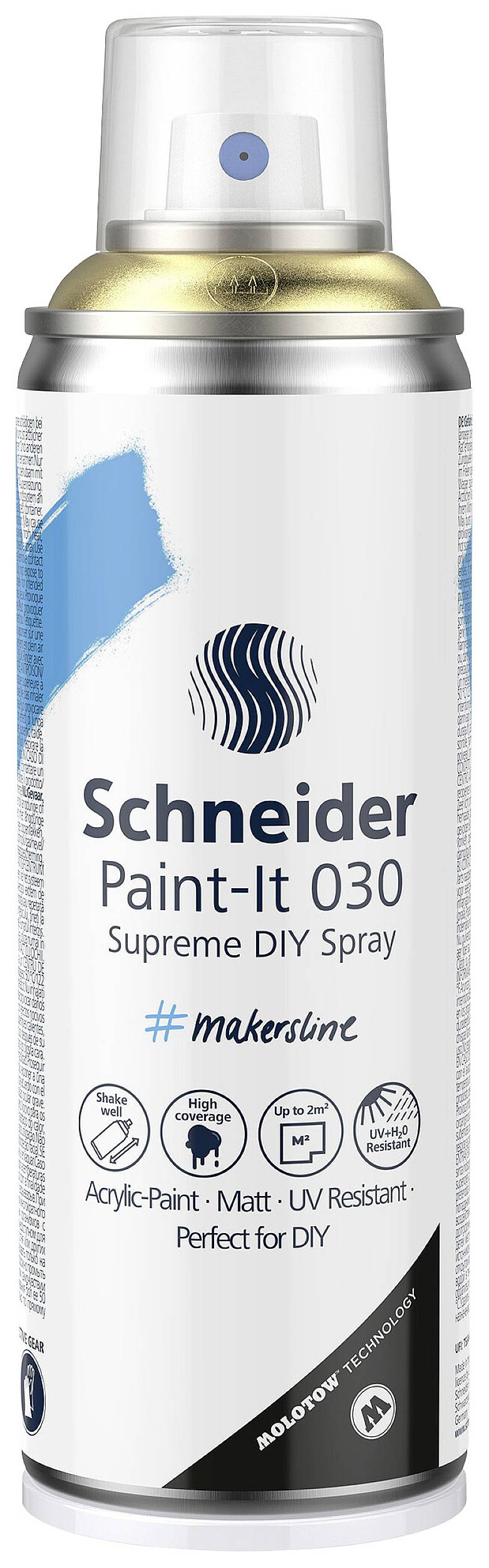 Bombe de peinture 'Schneider Paint-It 030' à la couleur bleue, mate, résistante aux UV. Convient pour les projets DIY. Texte : '#MakersInc'.