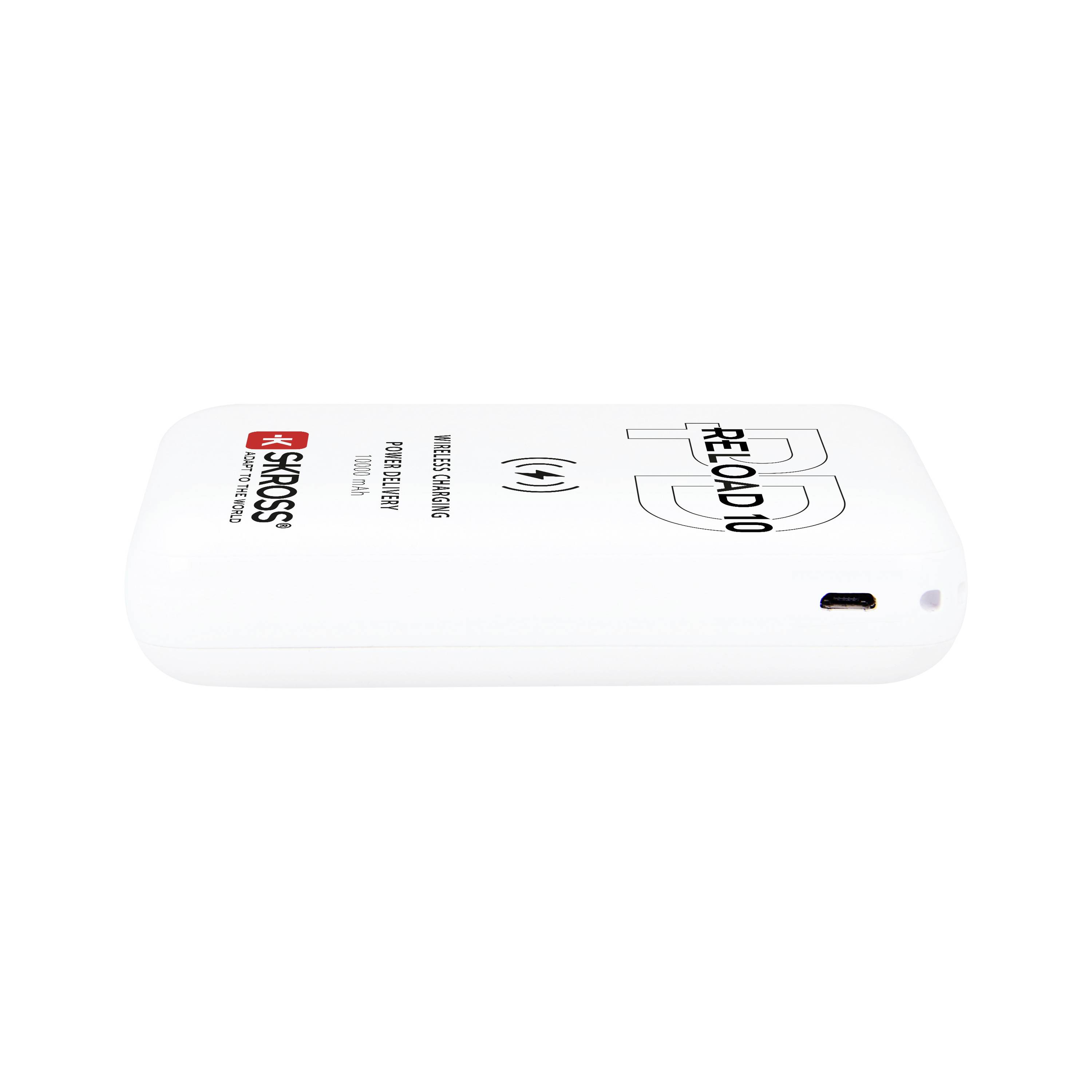 Un chargeur portable blanc portant les inscriptions 'PD' et 'ACROSS'. Comprend un port USB sur le côté.