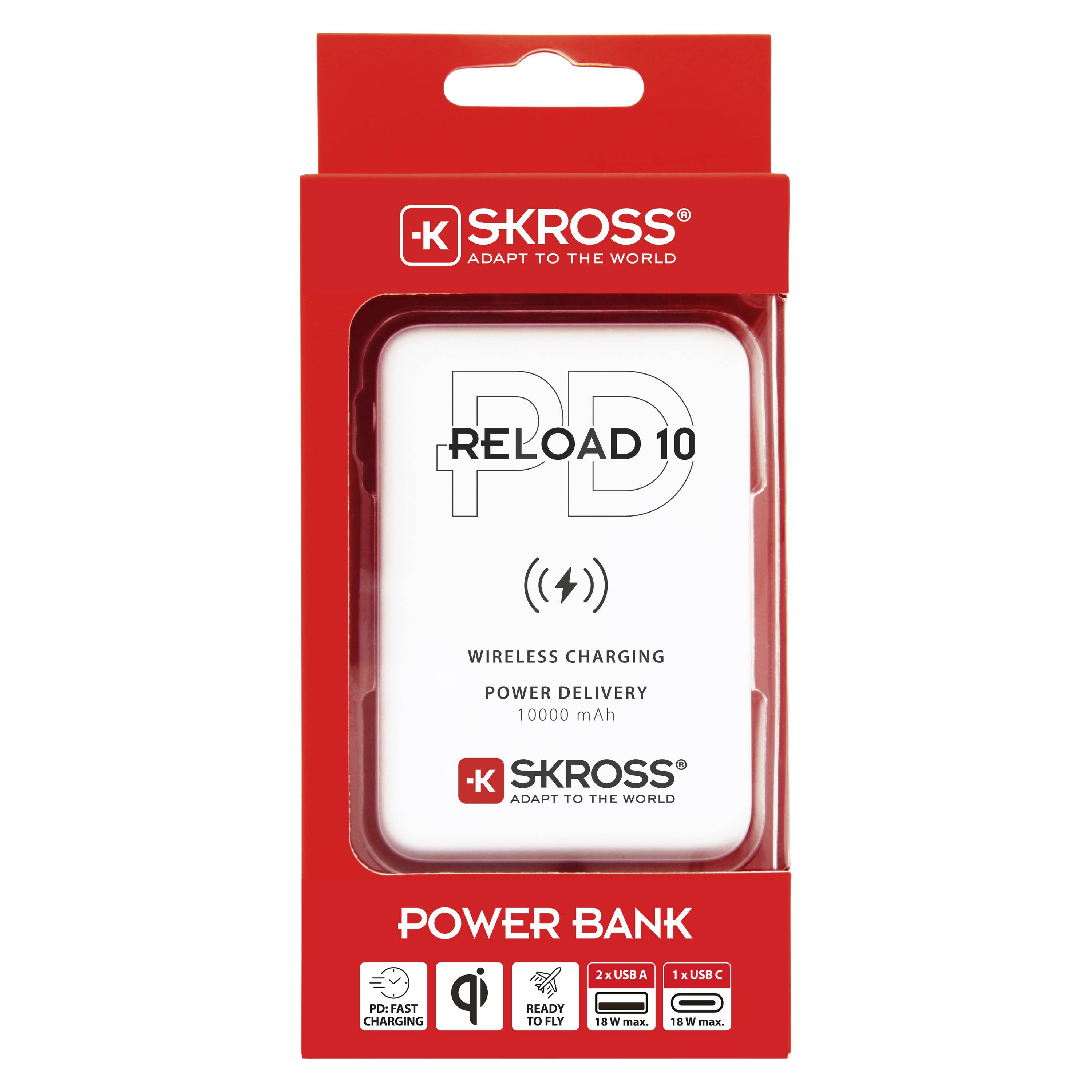 Powerbank de SKROSS avec l'inscription 'Reload 10', capacité de 10 000 mAh, et fonction de charge sans fil.