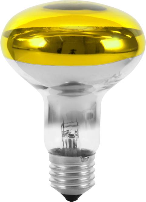 Ampoule jaune avec un culot strié, un verre réfléchissant et un dôme lumineux. Elle paraît énergique et frappante.