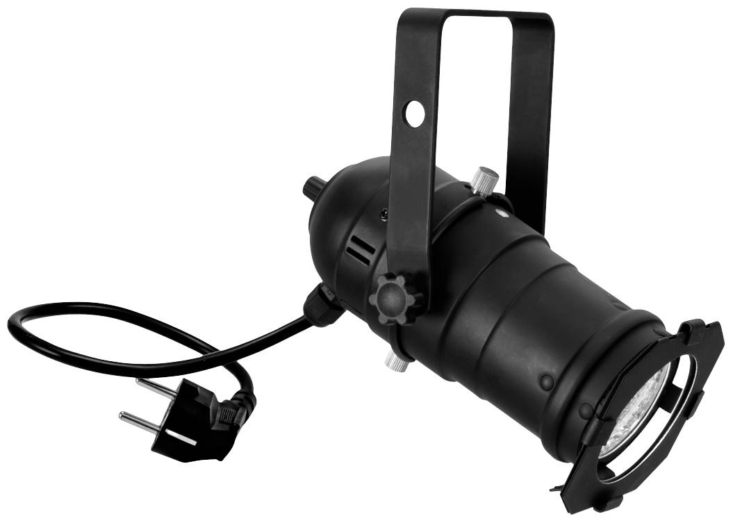 Projecteur de scène noir avec câble et fiche. Le projecteur dispose d'un support réglable pour la fixation.