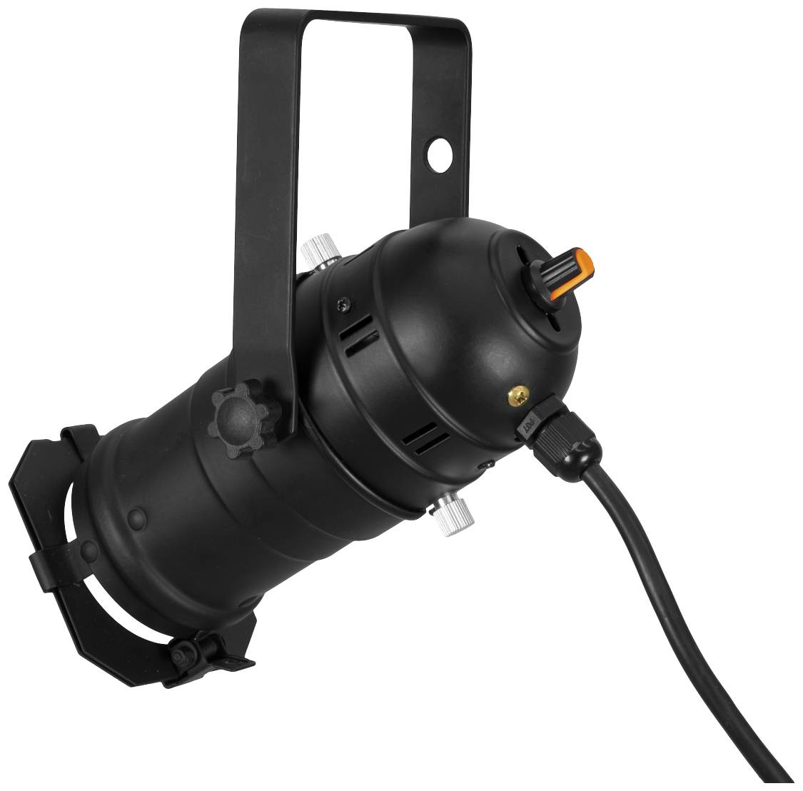 Projecteur de scène noir avec crochet de suspension, câble électrique et molette de réglage, couramment utilisé dans les environnements de théâtre ou d'événementiel.