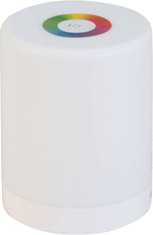 Un haut-parleur cylindrique blanc avec un petit élément de commande sur le dessus, affichant un anneau coloré pour le contrôle.