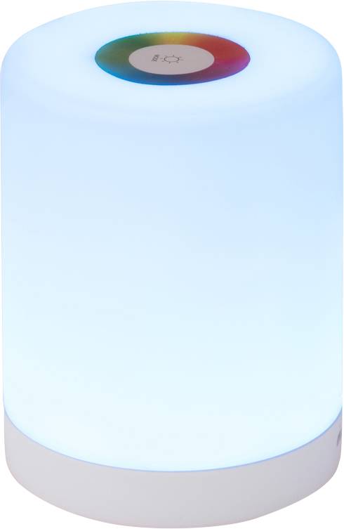Lampe cylindrique multicolore à panneau de commande tactile sur le dessus, émettant une lumière bleue. Idéale pour un éclairage d'ambiance.