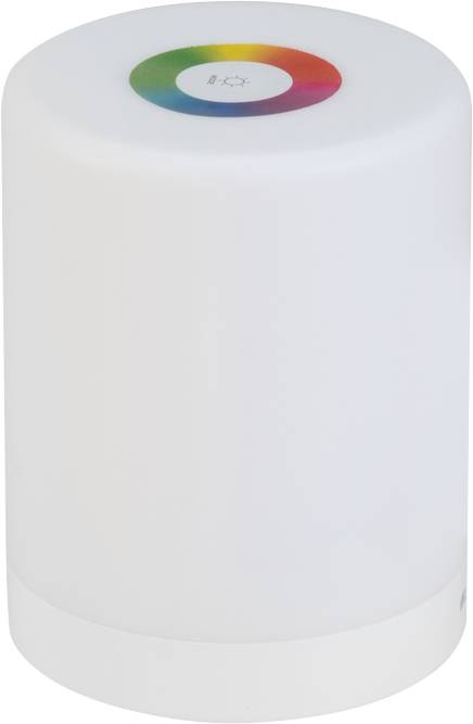 Lampe de table blanche cylindrique avec un cercle de couleurs sur le dessus permettant différents réglages d'éclairage.