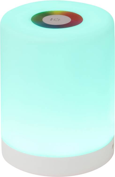 Un haut-parleur rond lumineux avec changement de couleur ; un panneau de commande avec des symboles de lumière et de couleurs est situé sur le dessus.